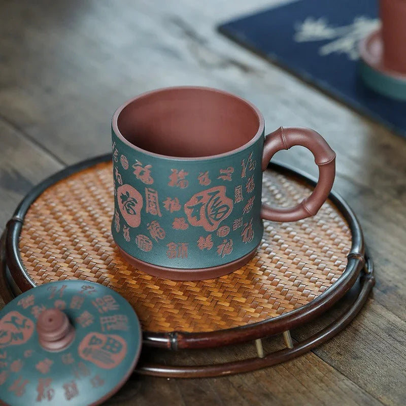 Yixing Zisha Tea Mug with Filter [Hundred Blessings] (Lu Ni / Zi Ni - 460ml) - YIQIN TEA HOUSE | yiqinteahouse.com | tea mug, teaware