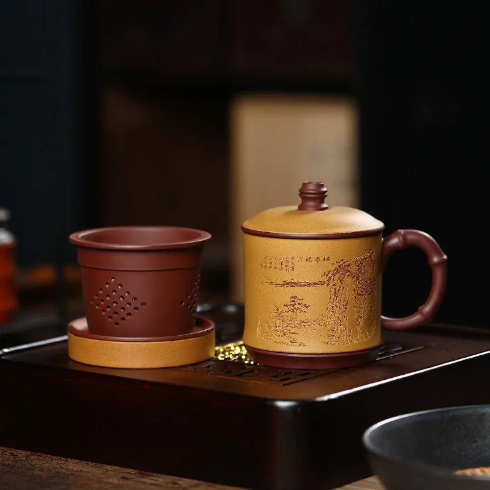 Yixing Zisha Tea Mug with Filter [Song Ting Wan Cui] (Zi Ni / Huangjin Duan Ni - 390ml) - YIQIN TEA HOUSE | yiqinteahouse.com | tea mug, teaware