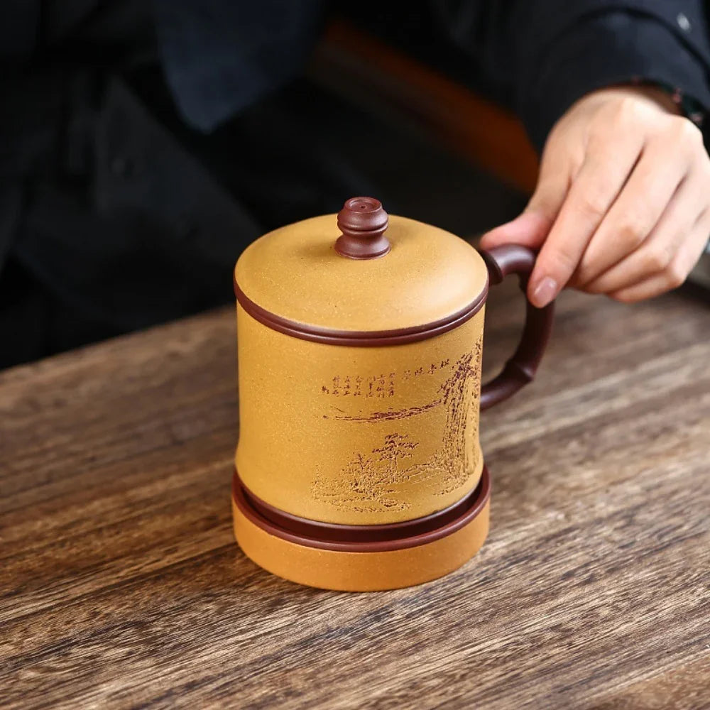 Yixing Zisha Tea Mug with Filter [Song Ting Wan Cui] (Zi Ni / Huangjin Duan Ni - 390ml) - YIQIN TEA HOUSE | yiqinteahouse.com | tea mug, teaware