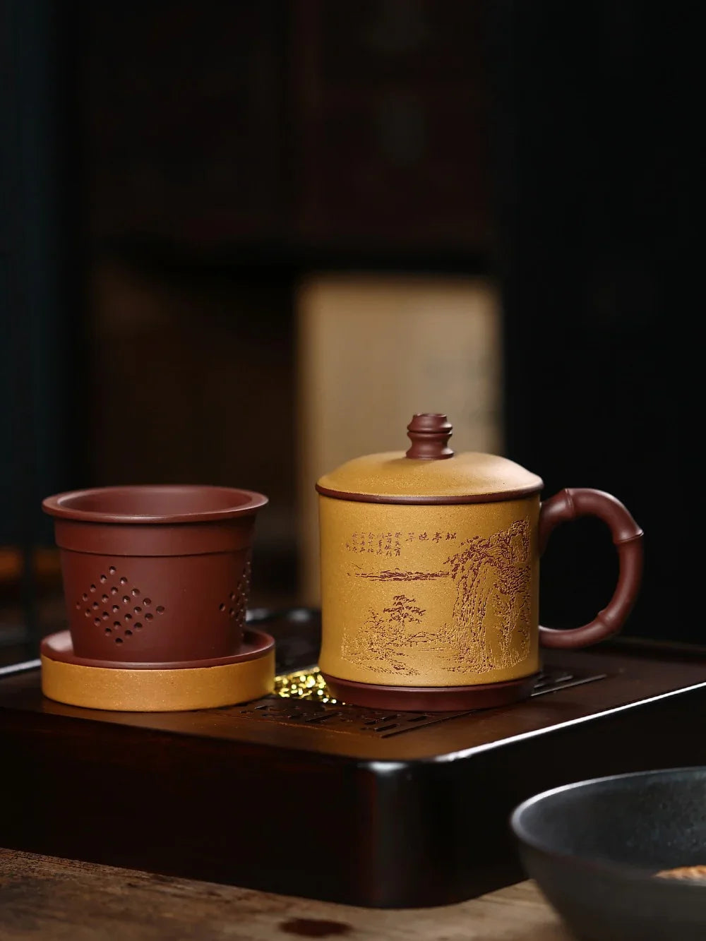 Yixing Zisha Tea Mug with Filter [Song Ting Wan Cui] (Zi Ni / Huangjin Duan Ni - 390ml) - YIQIN TEA HOUSE | yiqinteahouse.com | tea mug, teaware