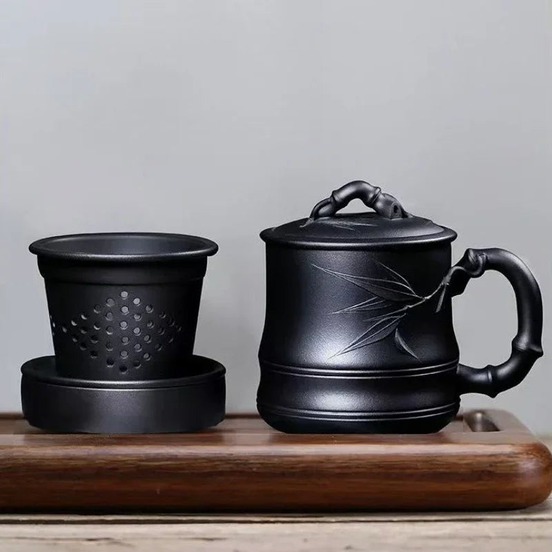 Tazza da tè in zisha Yixing con filtro 【Bambù】 set da 5 pezzi (Hei Ni - 480 ml)