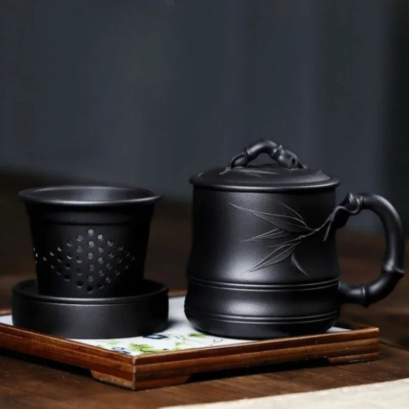 Tazza da tè in zisha Yixing con filtro 【Bambù】 set da 5 pezzi (Hei Ni - 480 ml)
