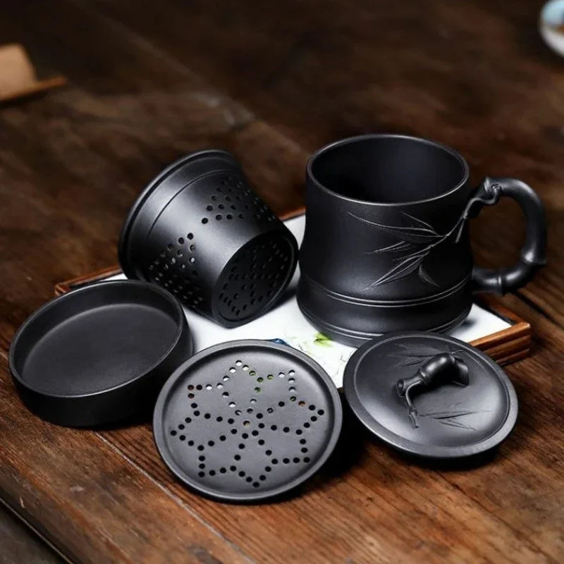 Tazza da tè in zisha Yixing con filtro 【Bambù】 set da 5 pezzi (Hei Ni - 480 ml)