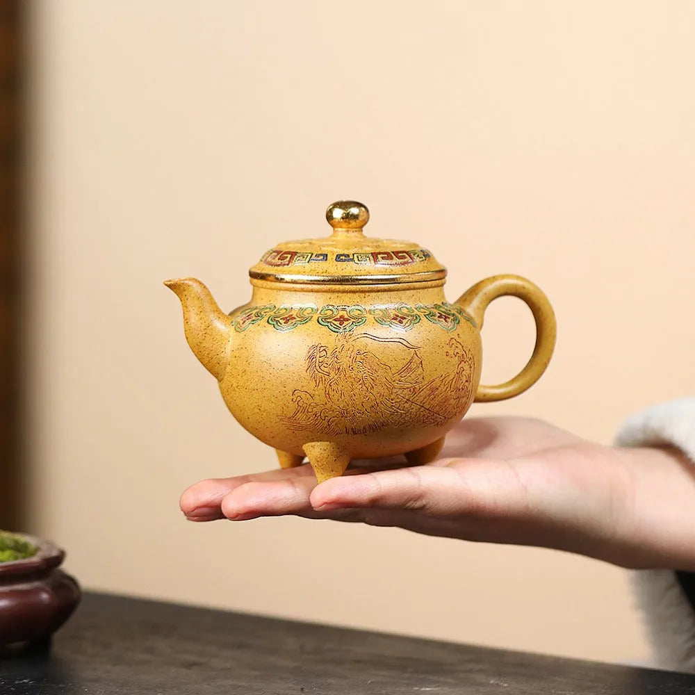 Yixing Zisha Teapot [Dabin Ruyi] Golden Enamel (Duan Ni Firewood Fired - 250ml) - YIQIN TEA HOUSE | yiqinteahouse.com | 200-300ml, new ariival, teapot, teaware, zisha teapot