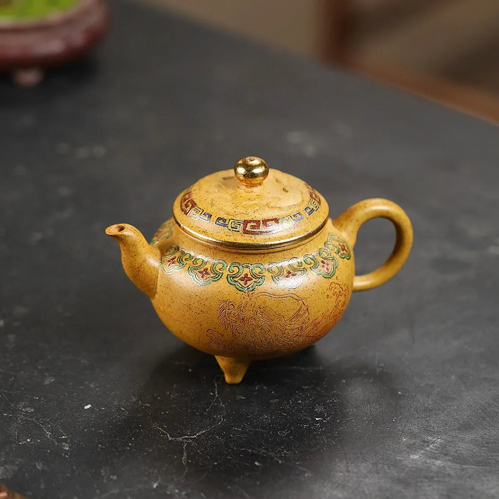 Yixing Zisha Teapot [Dabin Ruyi] Golden Enamel (Duan Ni Firewood Fired - 250ml) - YIQIN TEA HOUSE | yiqinteahouse.com | 200-300ml, new ariival, teapot, teaware, zisha teapot