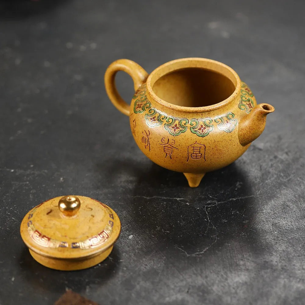 Yixing Zisha Teapot [Dabin Ruyi] Golden Enamel (Duan Ni Firewood Fired - 250ml) - YIQIN TEA HOUSE | yiqinteahouse.com | 200-300ml, new ariival, teapot, teaware, zisha teapot