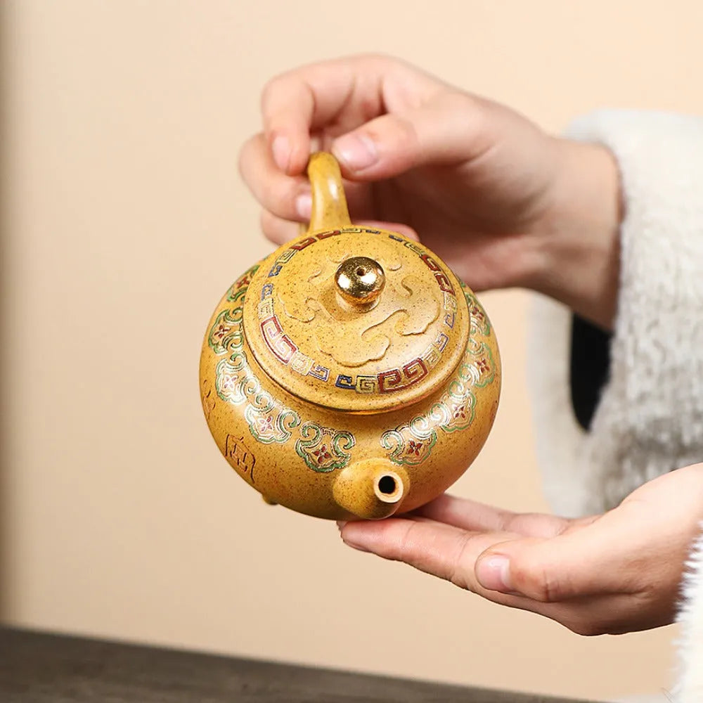 Yixing Zisha Teapot [Dabin Ruyi] Golden Enamel (Duan Ni Firewood Fired - 250ml) - YIQIN TEA HOUSE | yiqinteahouse.com | 200-300ml, new ariival, teapot, teaware, zisha teapot