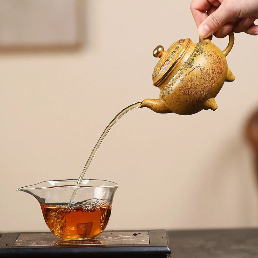 Yixing Zisha Teapot [Dabin Ruyi] Golden Enamel (Duan Ni Firewood Fired - 250ml) - YIQIN TEA HOUSE | yiqinteahouse.com | 200-300ml, new ariival, teapot, teaware, zisha teapot