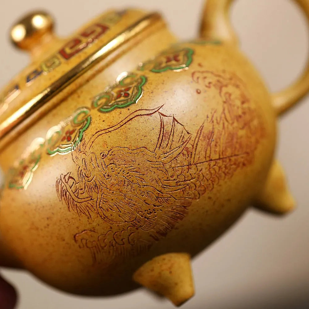 Yixing Zisha Teapot [Dabin Ruyi] Golden Enamel (Duan Ni Firewood Fired - 250ml) - YIQIN TEA HOUSE | yiqinteahouse.com | 200-300ml, new ariival, teapot, teaware, zisha teapot