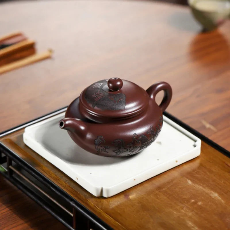 Yixing Zisha Teapot [Eight Horses Fanggu] (Zi Zhu Ni - 250ml) - YIQIN TEA HOUSE | yiqinteahouse.com | 200-300ml, teapot, teaware, zisha teapot