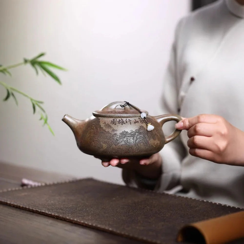 宜兴紫砂茶壶 [观山景舟石瓢] (柴烧沉香泥 - 580ml)