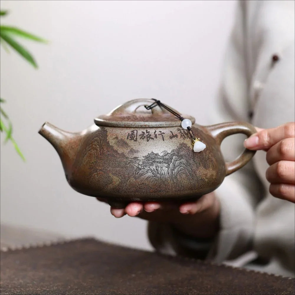 宜兴紫砂茶壶 [观山景舟石瓢] (柴烧沉香泥 - 580ml)