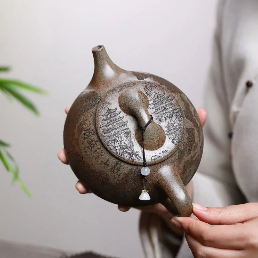 宜兴紫砂茶壶 [观山景舟石瓢] (柴烧沉香泥 - 580ml)
