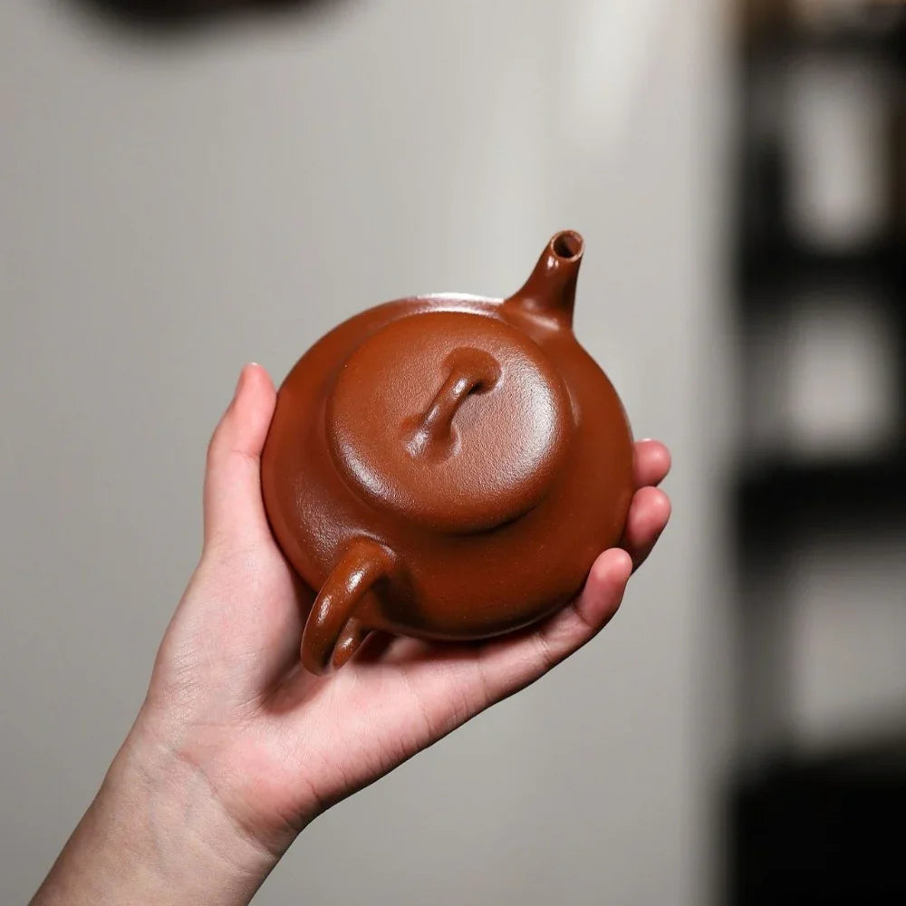 Hand holding a brown ceramic teapot against a neutral background

