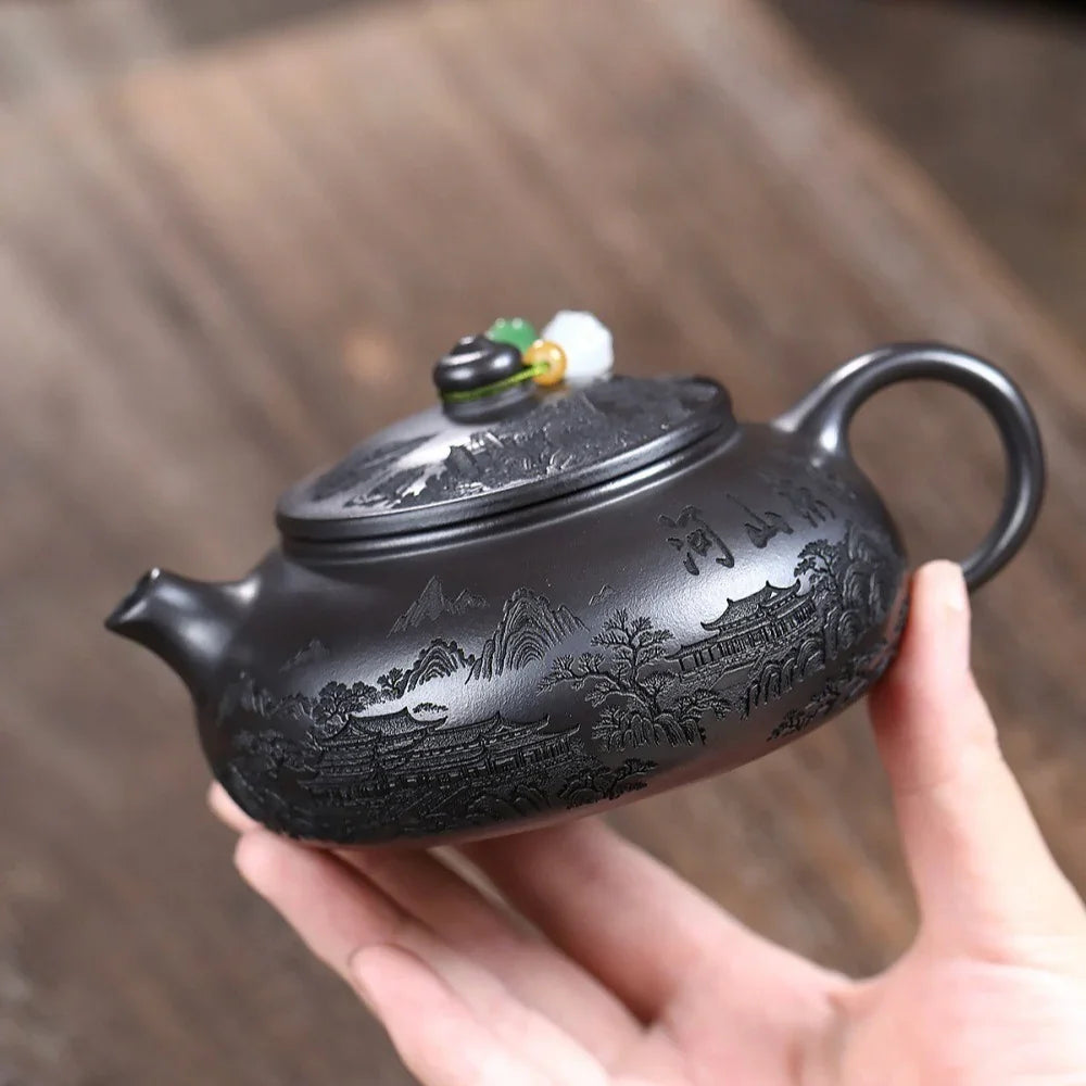 宜兴紫砂茶壶 [山河锦绣] (石黄 - 250ml)