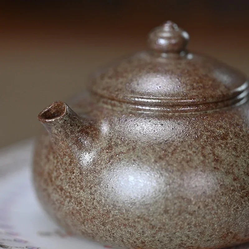 Close-up of a ceramic teapot with a speckled brown and beige glaze, showing the lid and spout against a softly blurred background.

