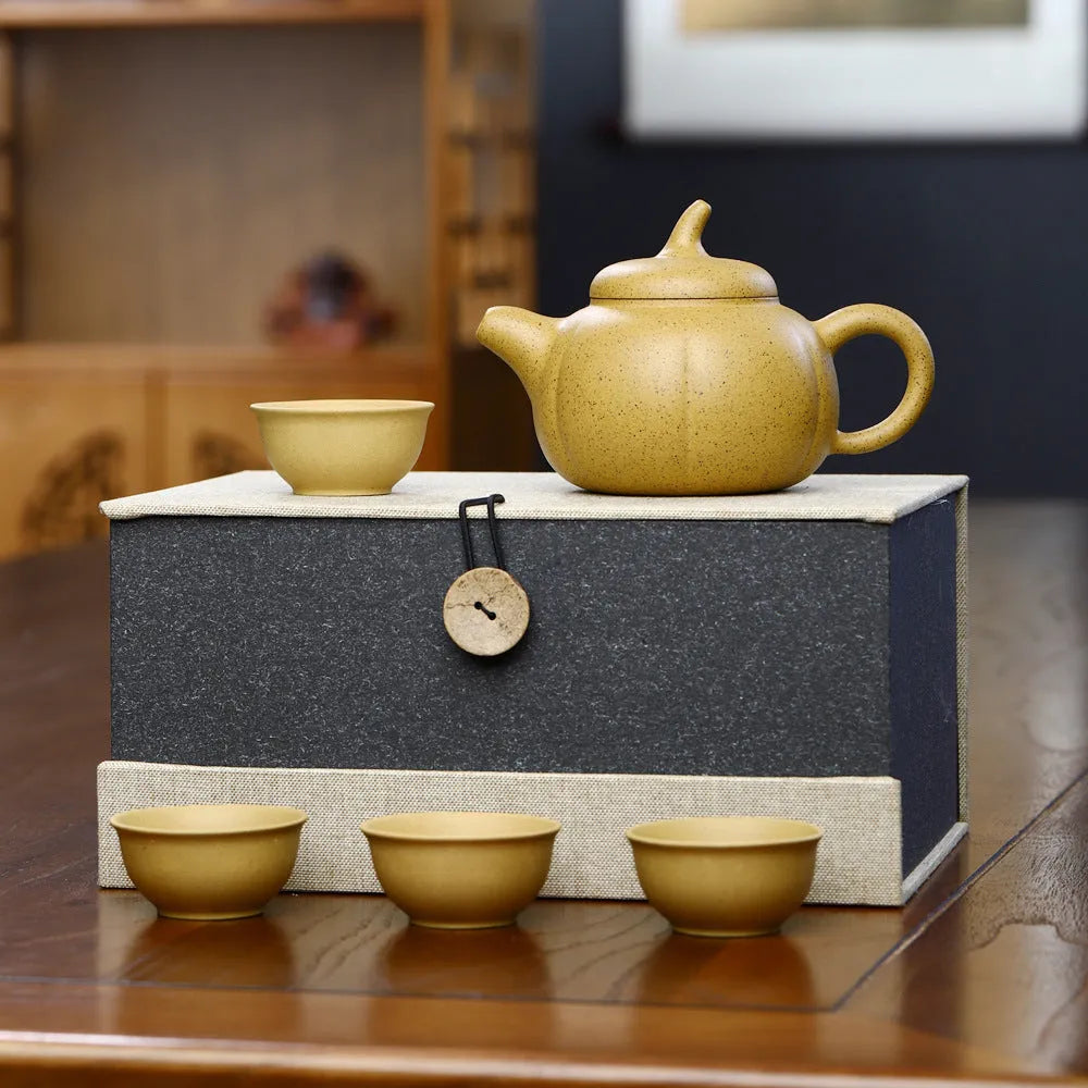 Yixing Zisha Teapot Set [Six Petals Pumpkin Pot] (Zhima Duan Ni - 250ml) - YIQIN TEA HOUSE | yiqinteahouse.com | 200-300ml, teapot, teaware, teaware set, zisha teapot