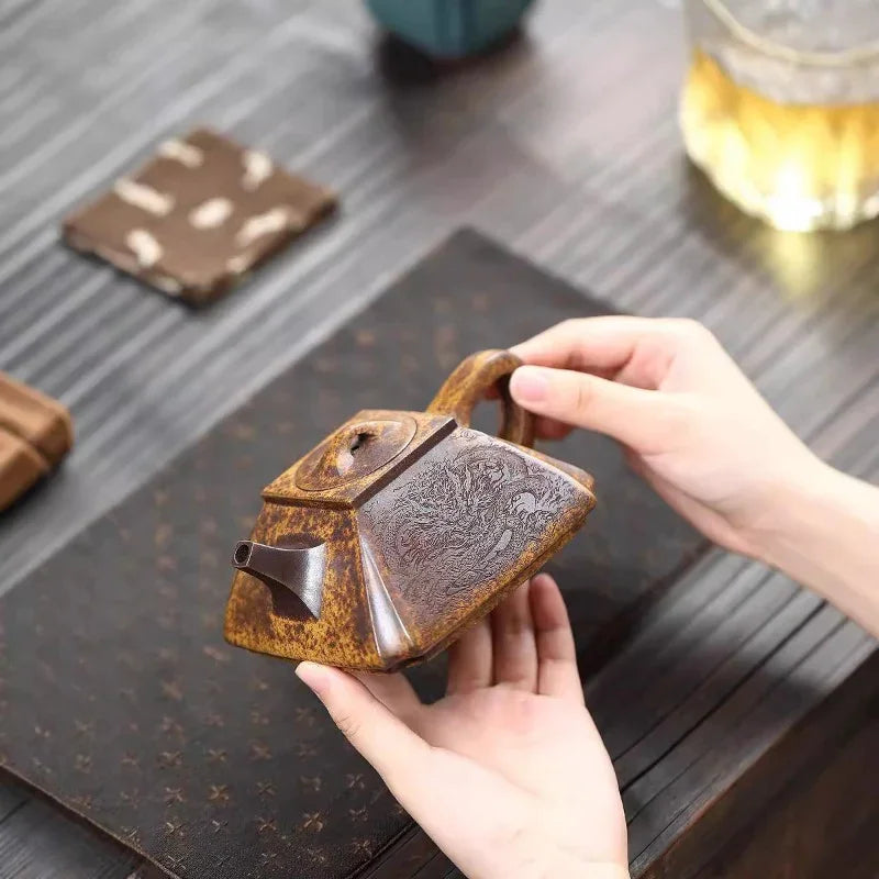 Yixing Zisha Teapot [Sifang Chou Jiao] (Longgu Jin Sha - 320ml) - YIQIN TEA HOUSE | yiqinteahouse.com | >300ml, teapot, teaware, zisha teapot