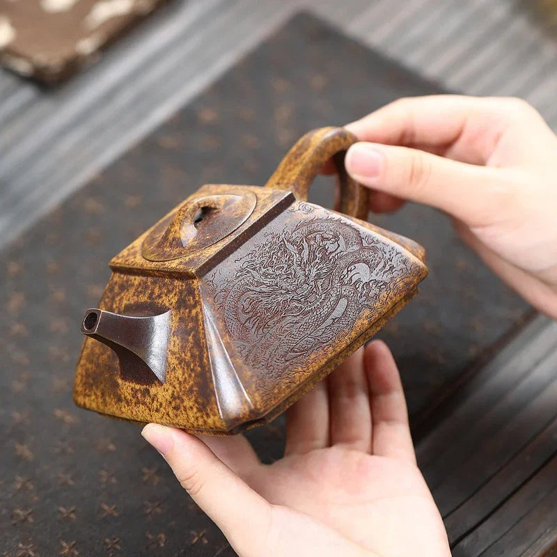 Yixing Zisha Teapot [Sifang Chou Jiao] (Longgu Jin Sha - 320ml) - YIQIN TEA HOUSE | yiqinteahouse.com | >300ml, teapot, teaware, zisha teapot