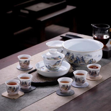 Jingdezhen Qianli Jiangshan Ceramic 12pcs Tea Set | 景德镇 千里江山 陶瓷12头茶具套装 - YIQIN TEA HOUSE 一沁茶舍 | yiqinteahouse.com