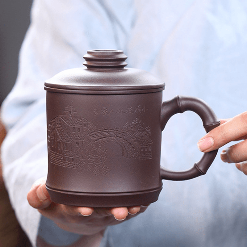 Yixing Purple Clay Tea Mug with Filter [Shanshui] | 宜兴紫砂刻绘 [浮雕山水] (带茶滤)盖杯 - YIQIN TEA HOUSE 一沁茶舍  |  yiqinteahouse.com