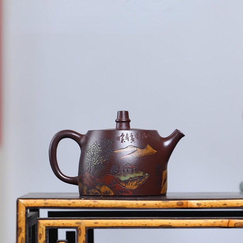 Full Handmade Yixing Purple Clay Shanshui Color Painted Teapot [Xiao Han Duo] | 全手工宜兴紫砂壶 原矿老紫泥泥绘山水 [小汉铎] - YIQIN TEA HOUSE 一沁茶舍  |  yiqinteahouse.com