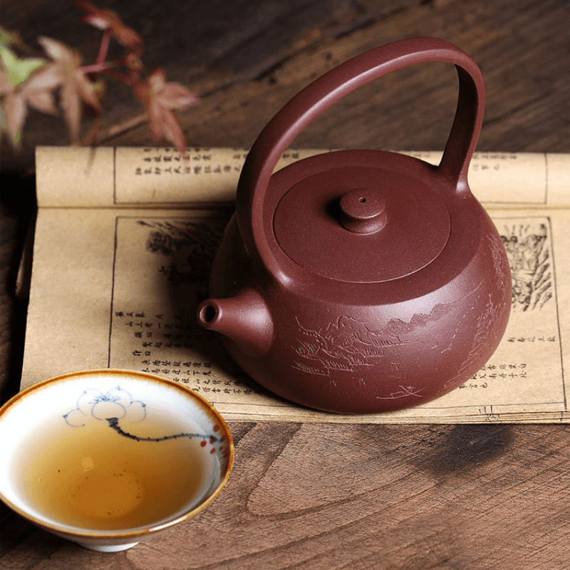 Yixing Purple Clay Teapot [Shanshui Tiliang] | 宜兴紫砂壶 原矿紫泥刻绘 [山水提梁] - YIQIN TEA HOUSE 一沁茶舍  |  yiqinteahouse.com