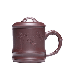 Load image into Gallery viewer, Yixing Purple Clay Tea Mug with Filter [Bamboo] | 宜兴紫砂刻绘 [竹节] (带茶滤)盖杯 - YIQIN TEA HOUSE 一沁茶舍  |  yiqinteahouse.com
