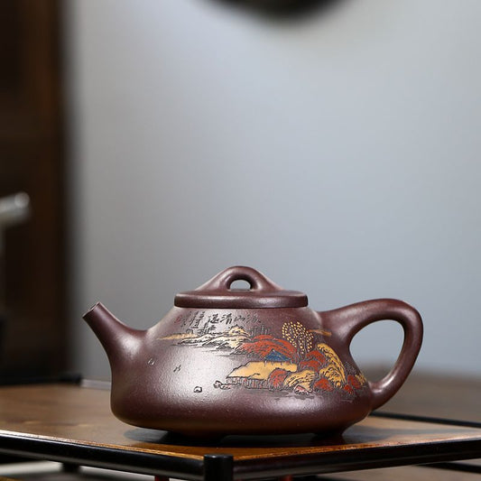 Full Handmade Yixing Zisha Shanshui Color Painted Teapot [Ziye Shi Piao] (Lao Zi Ni - 300ml)