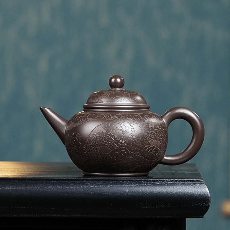 Yixing Purple Clay Teapot [Dragon Carved Shui Ping] | 宜兴紫砂壶 原矿紫泥手工刻绘 [龙纹水平] - YIQIN TEA HOUSE 一沁茶舍  |  yiqinteahouse.com