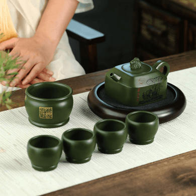 Full Handmade Yixing Purple Clay Teapot Set [Wanxiang Gengxin] | 全手工宜兴紫砂壶 陈腐豆青砂 [万象更新] 一壶五杯套壶 - YIQIN TEA HOUSE 一沁茶舍  |  yiqinteahouse.com