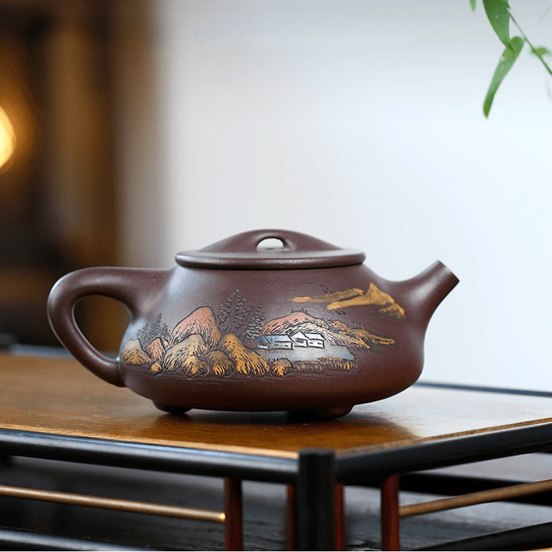 Full Handmade Yixing Purple Clay Shanshui Color Painted Teapot [Xiaoman Piao] | 全手工宜兴紫砂壶 原矿老紫泥泥绘山水 [小满飘] - YIQIN TEA HOUSE 一沁茶舍  |  yiqinteahouse.com