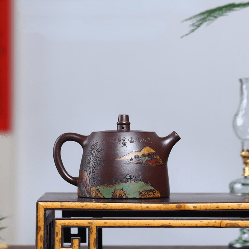 Full Handmade Yixing Purple Clay Shanshui Color Painted Teapot [Han Duo] | 全手工宜兴紫砂壶 原矿老紫泥泥绘山水 [汉铎] - YIQIN TEA HOUSE 一沁茶舍  |  yiqinteahouse.com