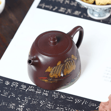 Load image into Gallery viewer, Full Handmade Yixing Purple Clay Shanshui Color Painted Teapot [Han Duo] | 全手工宜兴紫砂壶 原矿老紫泥泥绘山水 [汉铎] - YIQIN TEA HOUSE 一沁茶舍  |  yiqinteahouse.com
