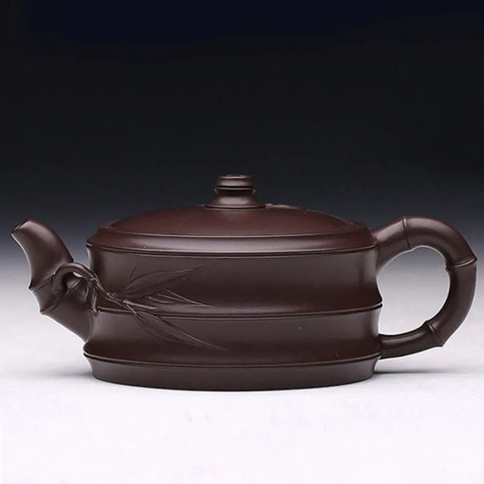 Full Handmade Yixing Zisha Teapot [Flat Two-section Bamboo Pot] (Lao Zi Ni - 320ml) - YIQIN TEA HOUSE | yiqinteahouse.com | >300ml, full handmade zisha teapot, new arrival, plain smooth, teapot, teaware