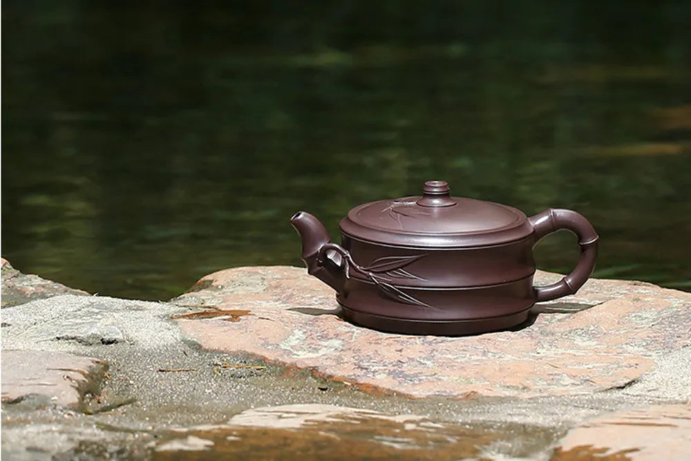 Full Handmade Yixing Zisha Teapot [Flat Two-section Bamboo Pot] (Lao Zi Ni - 320ml) - YIQIN TEA HOUSE | yiqinteahouse.com | >300ml, full handmade zisha teapot, new arrival, plain smooth, teapot, teaware