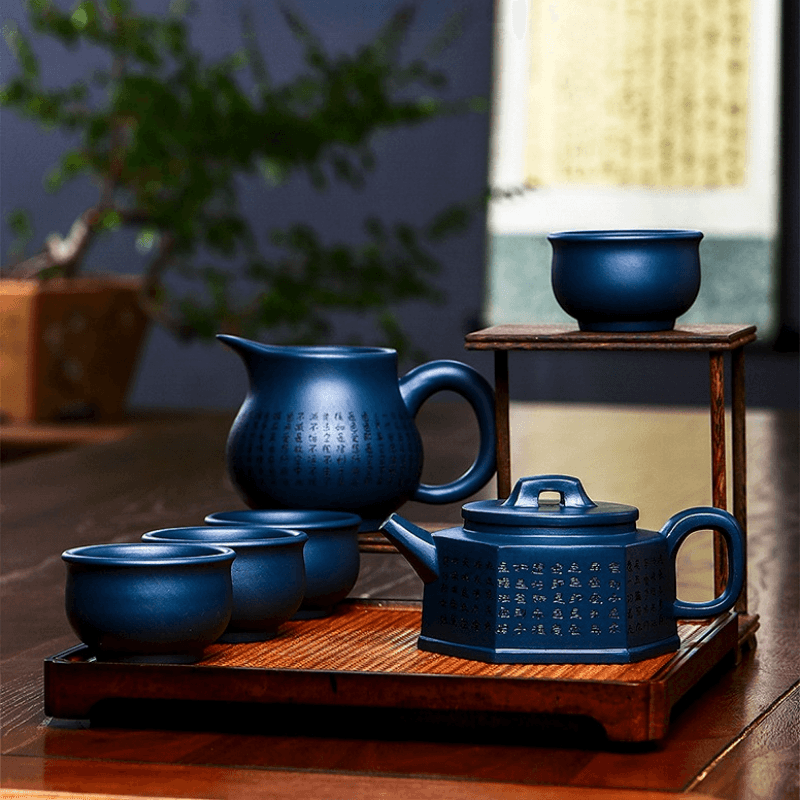 Full Handmade Yixing Zisha Teapot [Liufang Xin Lan] 1 Pot 5 Cups Set (Tian Qing Ni - 230ml) - YIQIN TEA HOUSE | yiqinteahouse.com | 200-300ml, full handmade zisha teapot, new arrival, teapot, teaware, teaware set