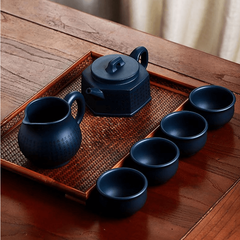 Full Handmade Yixing Zisha Teapot [Liufang Xin Lan] 1 Pot 5 Cups Set (Tian Qing Ni - 230ml) - YIQIN TEA HOUSE | yiqinteahouse.com | 200-300ml, full handmade zisha teapot, new arrival, teapot, teaware, teaware set