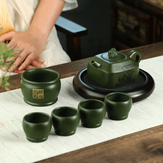 Full Handmade Yixing Zisha Teapot [Wanxiang Gengxin] 1 Pot 5 Cups Set (Douqing sha - 260ml) - YIQIN TEA HOUSE | yiqinteahouse.com | 200-300ml, full handmade zisha teapot, new arrival, teapot, teaware, teaware set