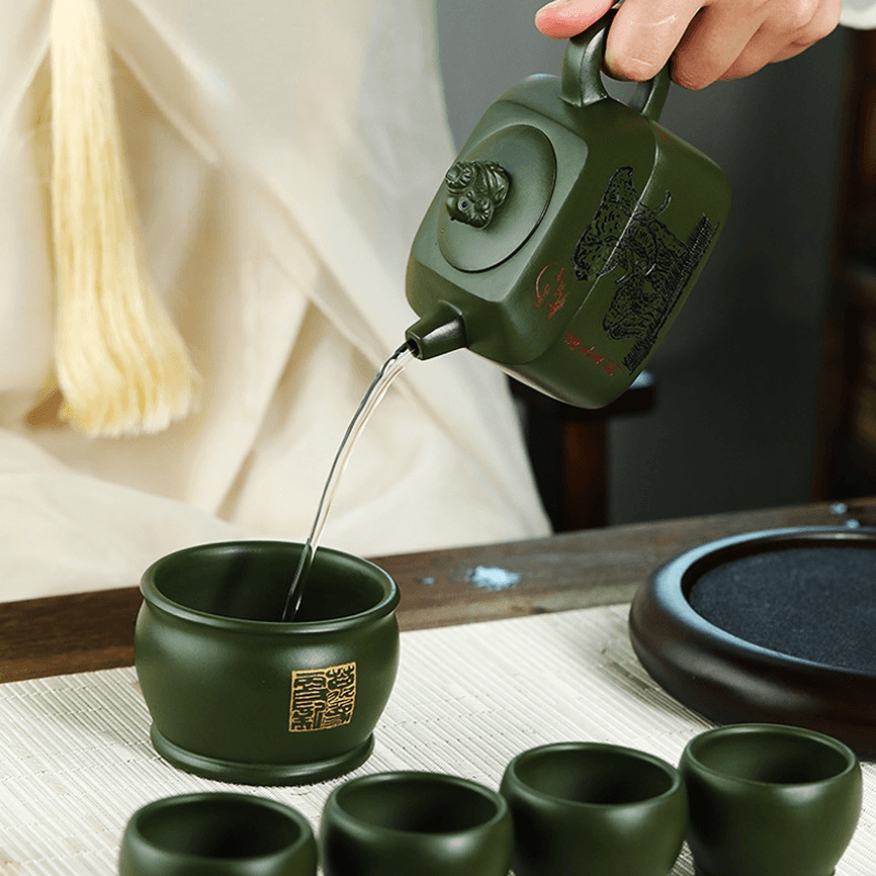 Full Handmade Yixing Zisha Teapot [Wanxiang Gengxin] 1 Pot 5 Cups Set (Douqing sha - 260ml) - YIQIN TEA HOUSE | yiqinteahouse.com | 200-300ml, full handmade zisha teapot, new arrival, teapot, teaware, teaware set