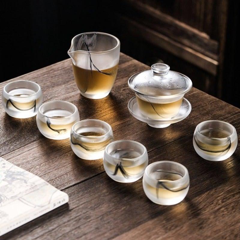 Ink Paint Glass Zhijue Tea Cup/Fair Cup/Gaiwan/Tea Strainer Full Set - YIQIN TEA HOUSE | yiqinteahouse.com | fair cup, gaiwan, tea cup, teaware, teaware set