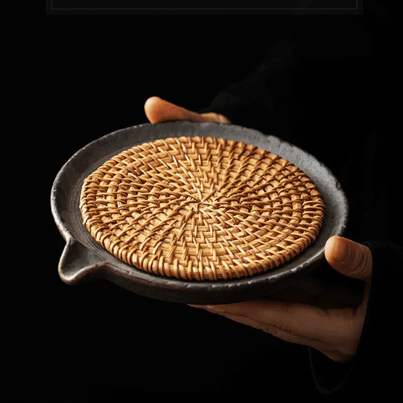 Retro Burn Coarse Pottery Storage Tea Tray (with Rattan Mat) - YIQIN TEA HOUSE | yiqinteahouse.com | tea tray, teaware