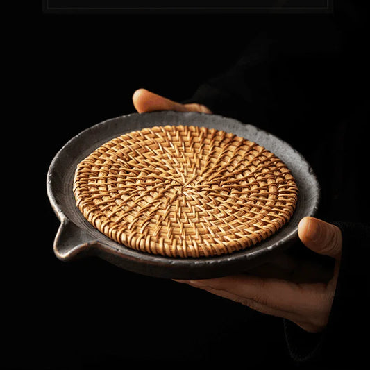 Retro Burn Coarse Pottery Storage Tea Tray (with Rattan Mat) - YIQIN TEA HOUSE | yiqinteahouse.com | tea tray, teaware