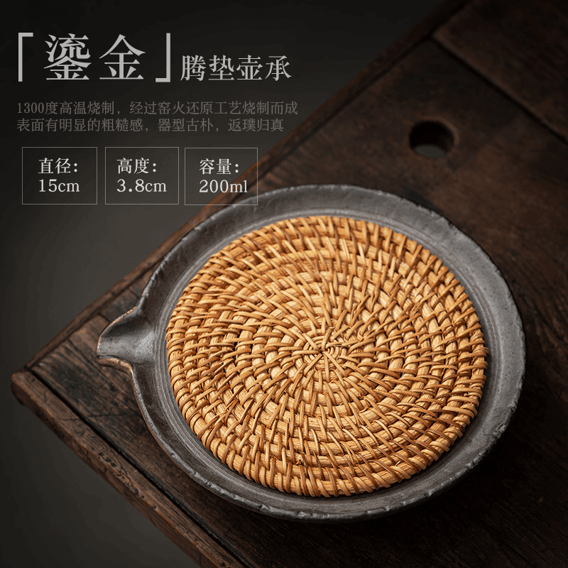 Retro Burn Coarse Pottery Storage Tea Tray (with Rattan Mat) - YIQIN TEA HOUSE | yiqinteahouse.com | tea tray, teaware