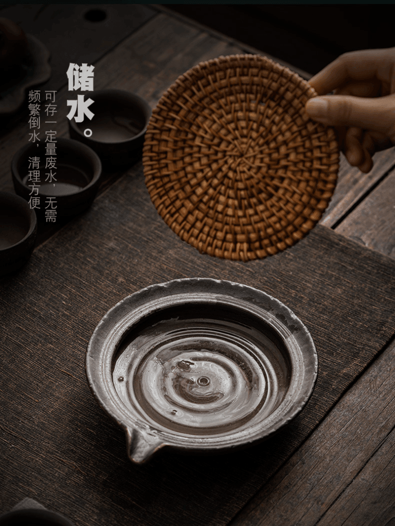 Retro Burn Coarse Pottery Storage Tea Tray (with Rattan Mat) - YIQIN TEA HOUSE | yiqinteahouse.com | tea tray, teaware