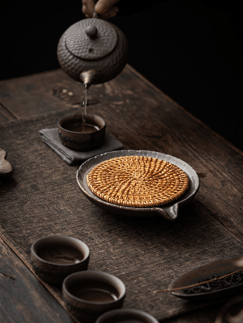 Retro Burn Coarse Pottery Storage Tea Tray (with Rattan Mat) - YIQIN TEA HOUSE | yiqinteahouse.com | tea tray, teaware