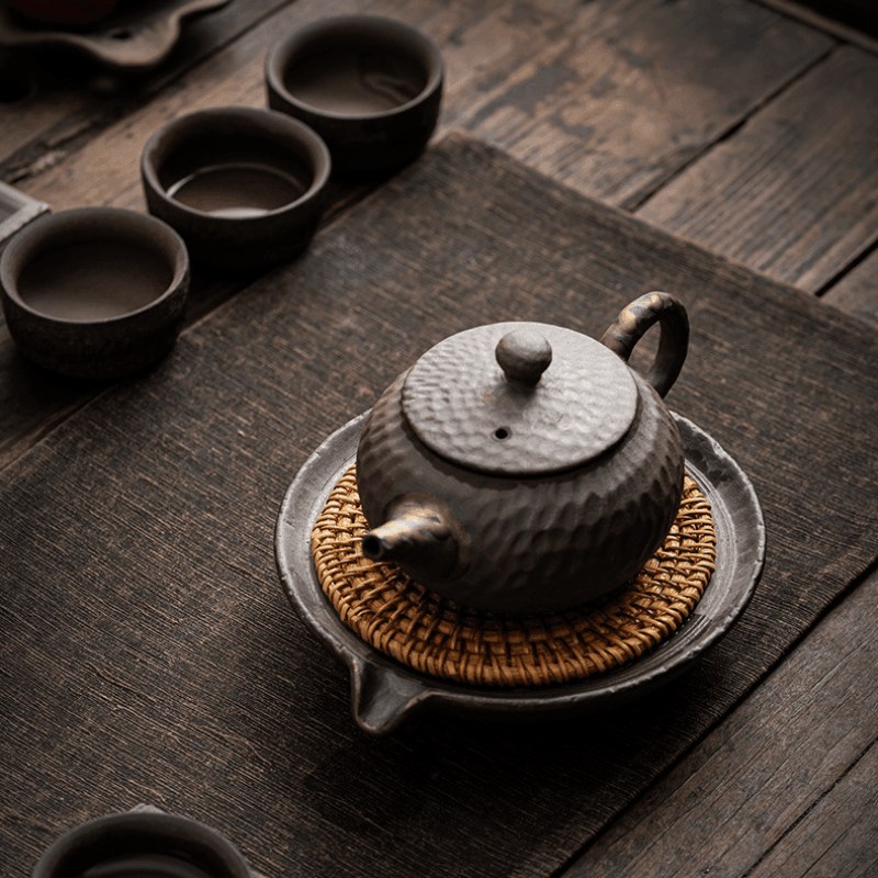 Retro Burn Coarse Pottery Storage Tea Tray (with Rattan Mat) - YIQIN TEA HOUSE | yiqinteahouse.com | tea tray, teaware