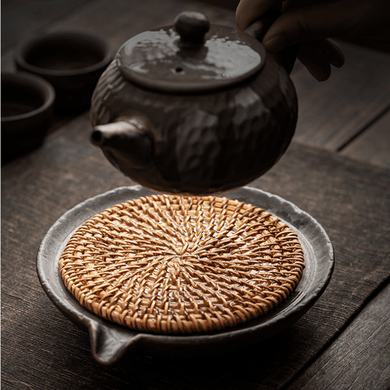 Retro Burn Coarse Pottery Storage Tea Tray (with Rattan Mat) - YIQIN TEA HOUSE | yiqinteahouse.com | tea tray, teaware