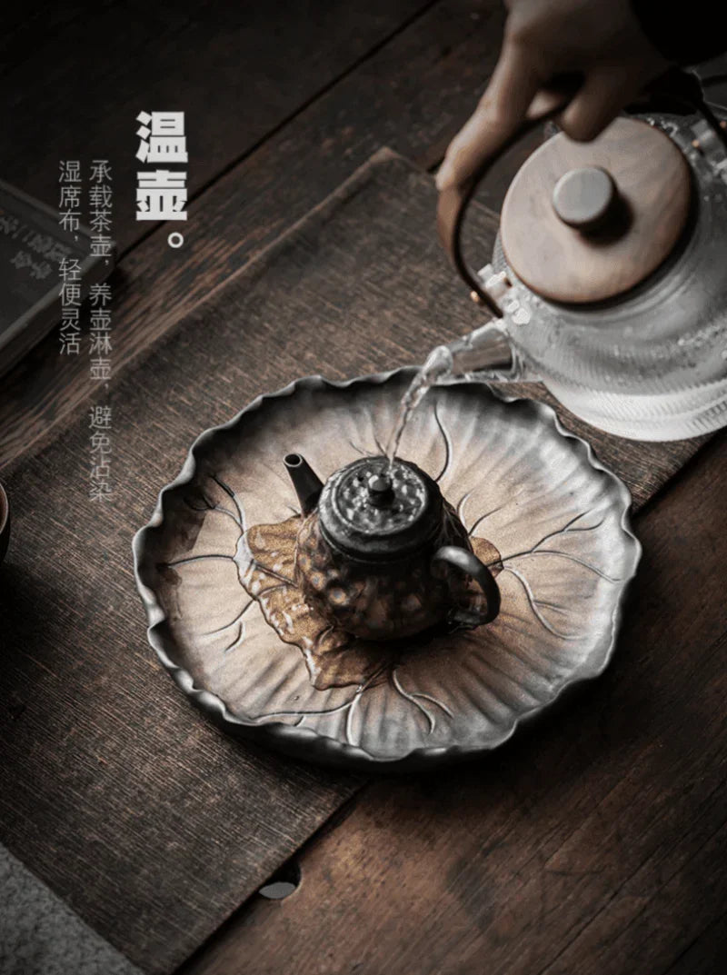 Retro Gilded Ceramic [Lotus Leaf] Tea Tray - YIQIN TEA HOUSE | yiqinteahouse.com | retro gilded, tea tray, teaware