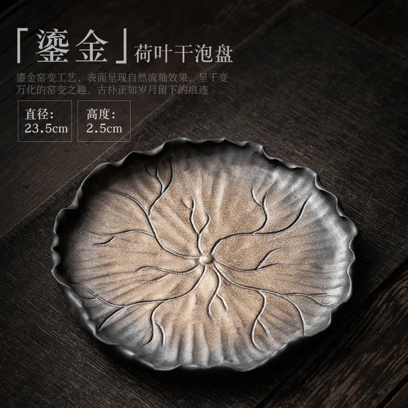 Retro Gilded Ceramic [Lotus Leaf] Tea Tray - YIQIN TEA HOUSE | yiqinteahouse.com | retro gilded, tea tray, teaware